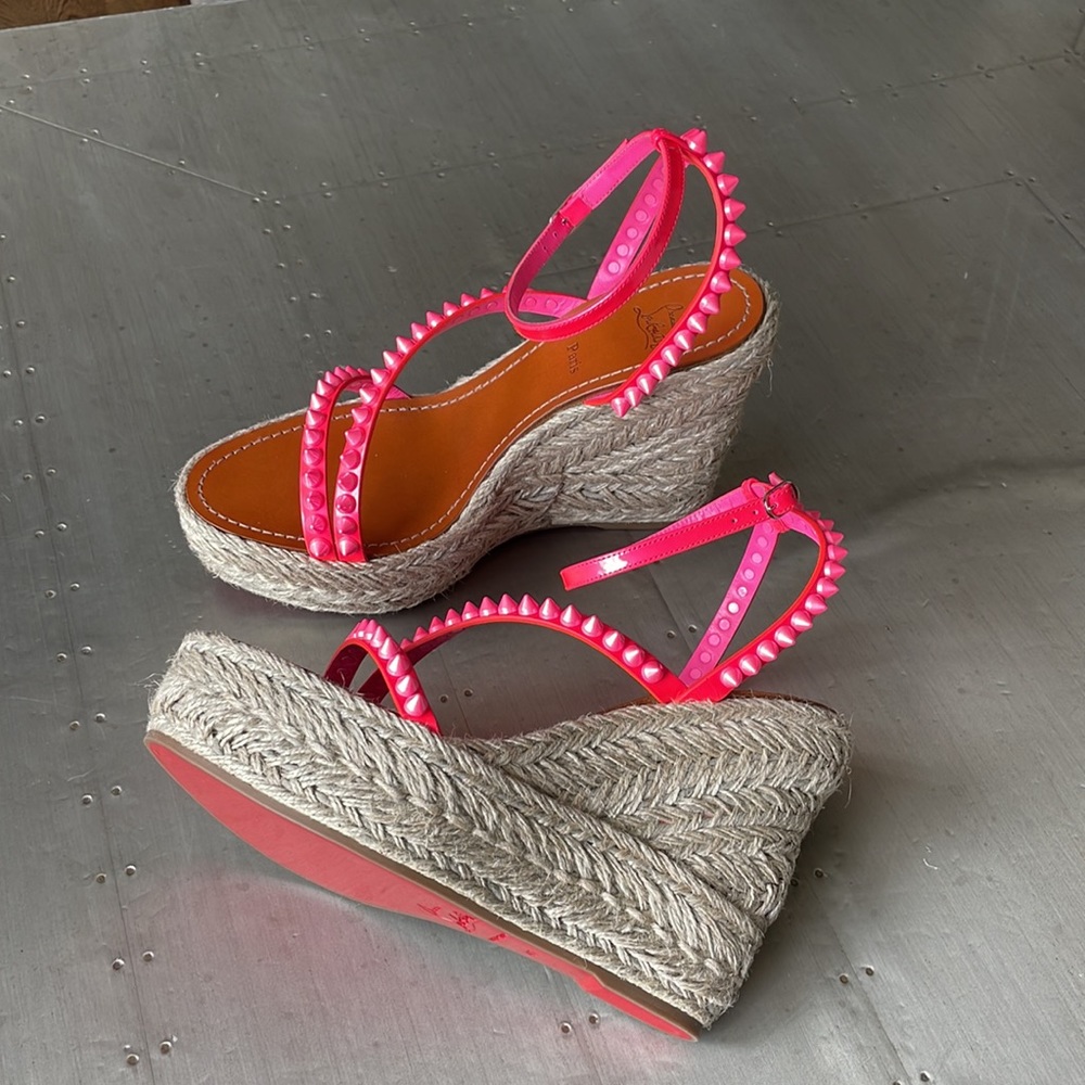 Christian louboutin mafaldina 120mm wedge espadrille pink neon sandal sz 40 - Picture 6 of 14